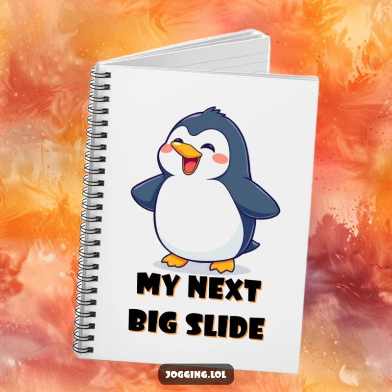 Funny penguin notebook featuring a delighted character mid-slide with a beaming grin, perfect for jotting down funny thoughts and ideas.