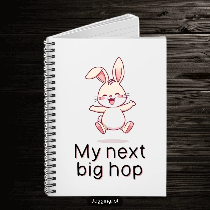 Funny notebook cover with a joyful rabbit comically jogging, ears flopping amusingly, ideal for jotting down funny thoughts.