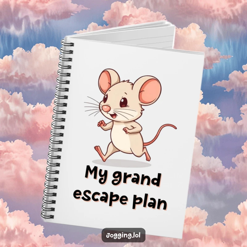 Funny notebook with a determined little mouse character running with tiny legs pumping, ideal for jotting down driven ideas.