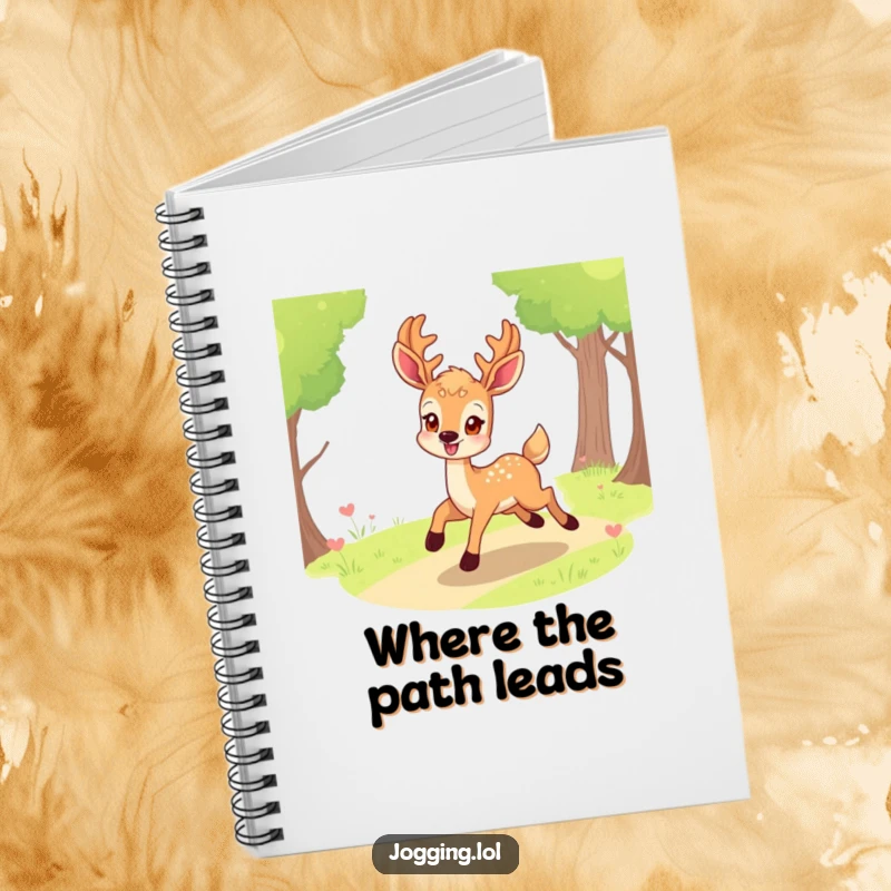 Funny deer notebook with a smiling character eagerly bounding along a path, great for jotting notes with a touch of joyful humor.