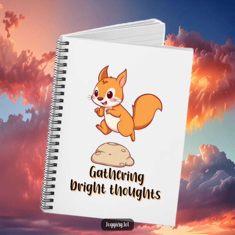 Funny notebook with a playful squirrel in motion, leaping over an obstacle, great for notes.