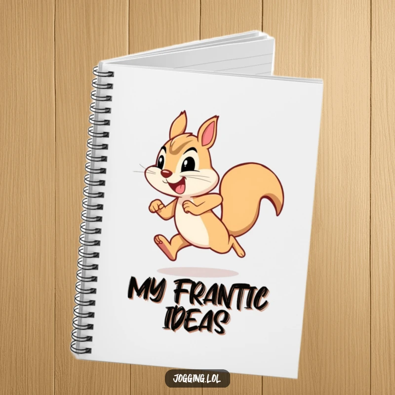 Funny squirrel notebook showcasing a joyful squirrel character sprinting with humorous determination, ideal for note-taking.