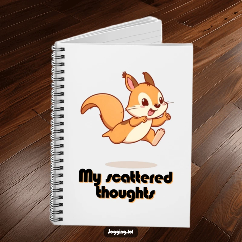Funny notebook cover featuring a playful squirrel sprinter in a dynamic leap, inspiring quick thinking and creative bursts.