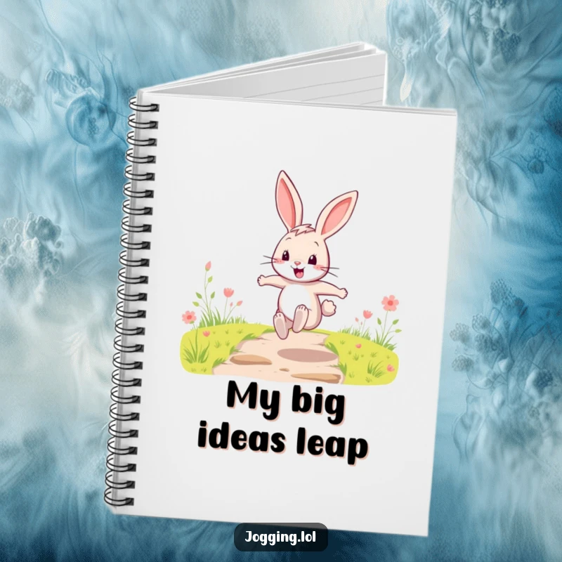 Funny Notebook adorned with a happy cartoon rabbit character performing energetic leaps, inspiring joyful writing.