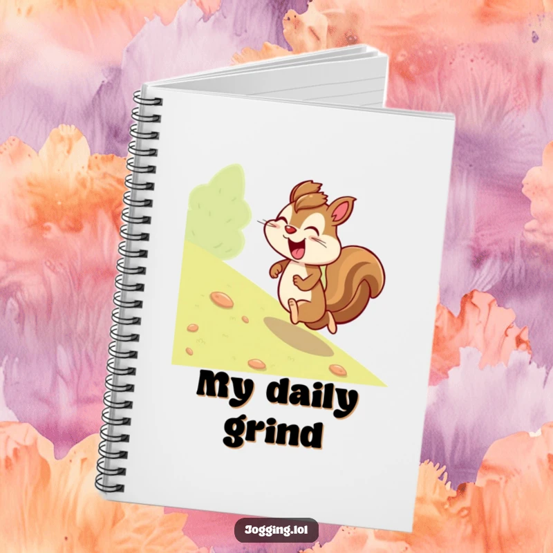 Funny squirrel notebook with a giggling character jogging uphill with purpose, great for jotting notes with a humorous and motivational flair.