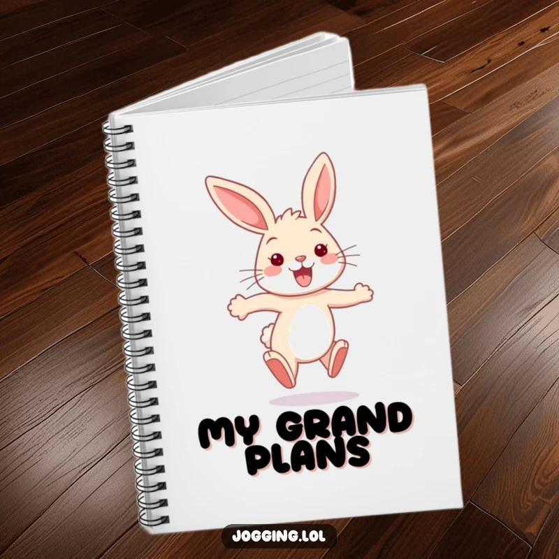 Funny bunny notebook featuring a happy rabbit sprinting with ears flapping, perfect for jotting down notes with cheerful energy.