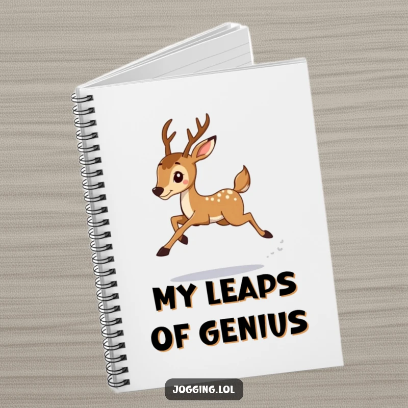 Funny deer jogger with graceful leaps on a notebook cover, inspiring organized thoughts and humorous reflections for students and professionals.