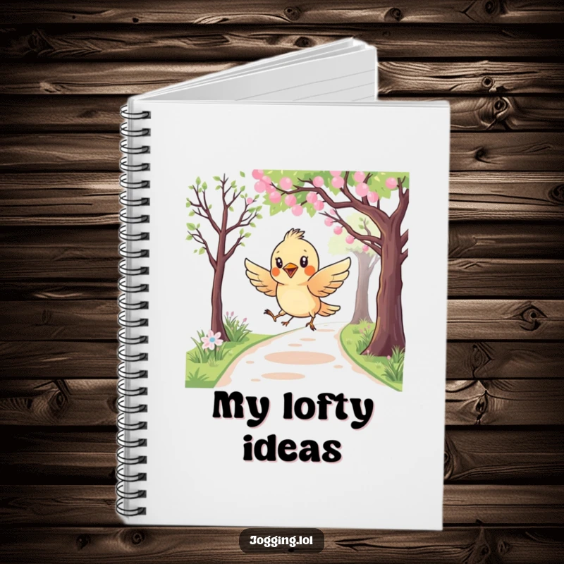 Funny notebook with a curious bird character playfully swooping over a jogging path, perfect for writing, journaling, and sketching with a cheerful theme.