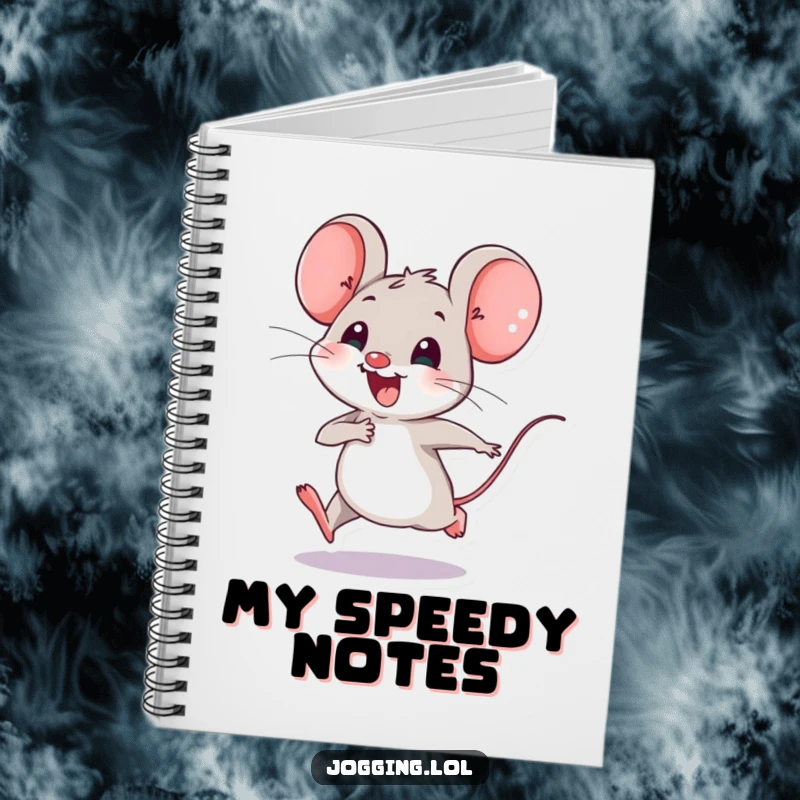 Funny notebook with a joyful mouse character happily speeding along with tiny legs, perfect for writing, journaling, and sketching with a cheerful theme.
