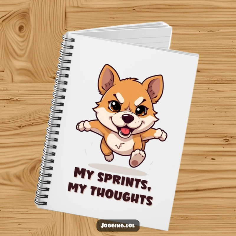 Funny dog notebook showcasing a determined dog character running with focused eyes, perfect for jotting down humorous ideas.