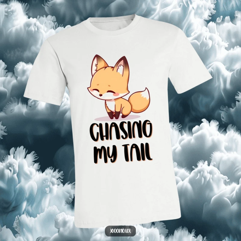 Funny fox t-shirt with a winking character playfully chasing its own shadow, a humorous and lighthearted design for casual wear.