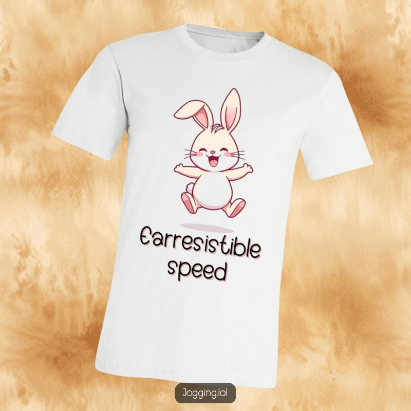 Funny t-shirt of a joyful rabbit mid-jog, ears comically flopping in a hilarious display of energetic movement.