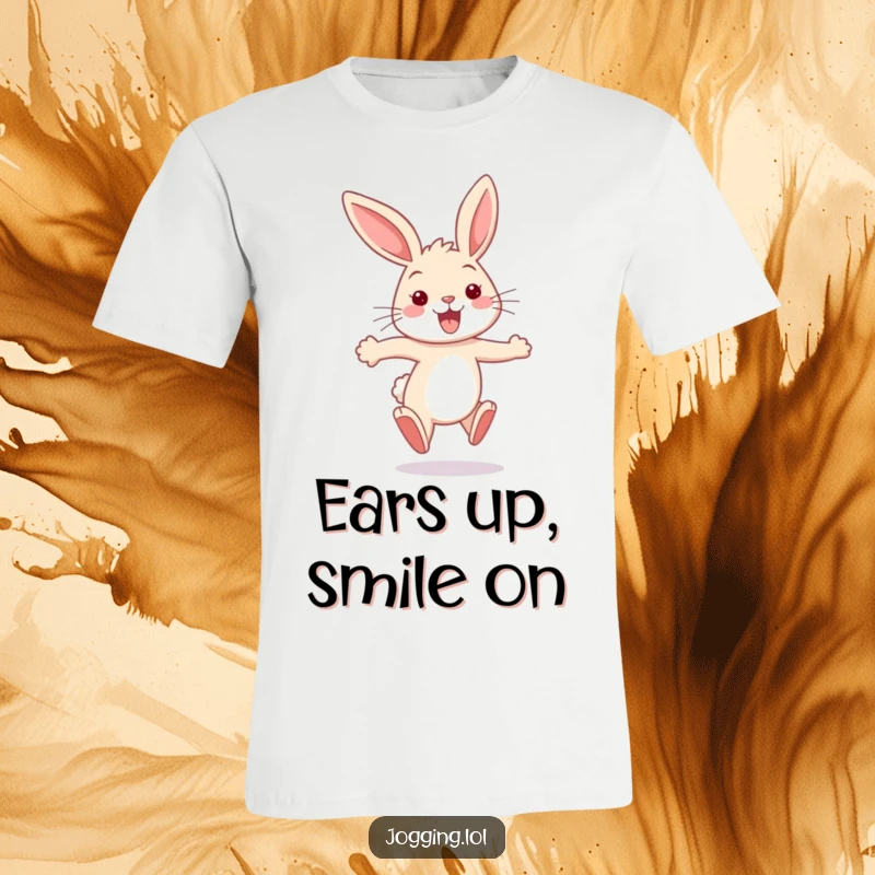 Funny bunny t-shirt featuring a happy rabbit sprinting with ears flapping wildly, showcasing a hilarious and energetic vibe.