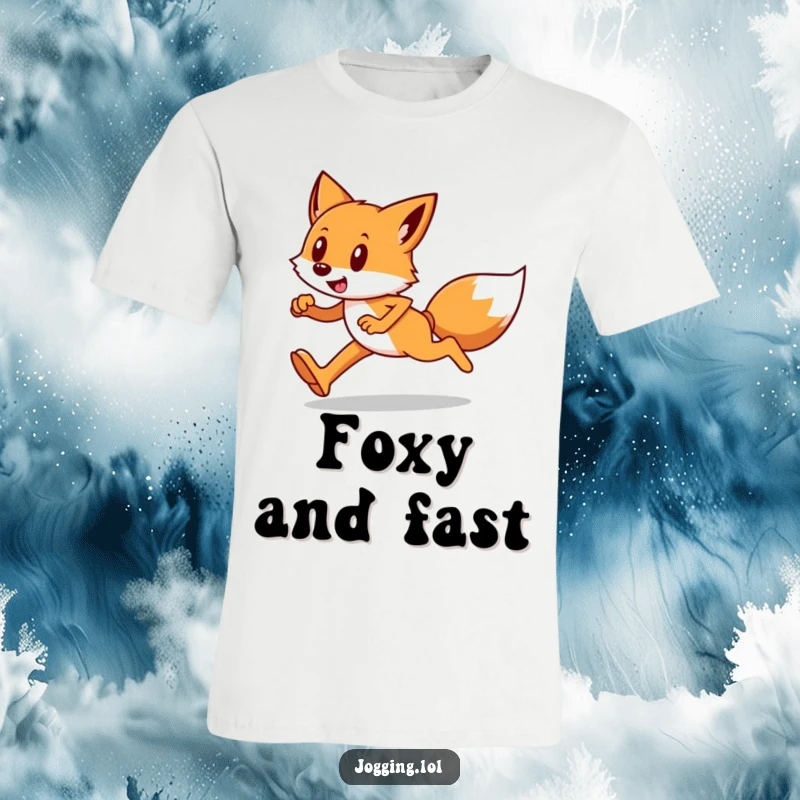 Funny t-shirt depicting a happy fox runner with determined strides, conveying playful cunning and athletic prowess.