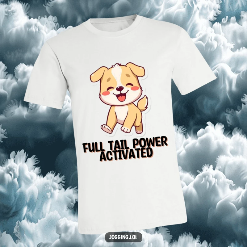 Funny dog t-shirt featuring a smiling character with its tail wagging enthusiastically as it moves, perfect for active individuals.