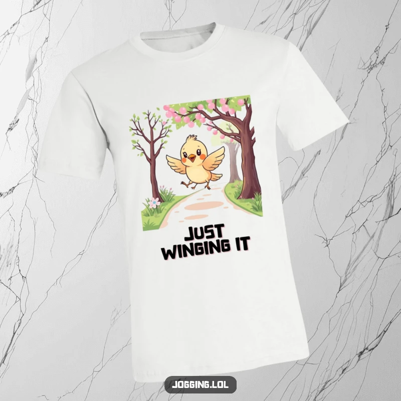 Funny t-shirt depicting a curious bird character playfully swooping low over a jogging path, celebrating lighthearted exploration.