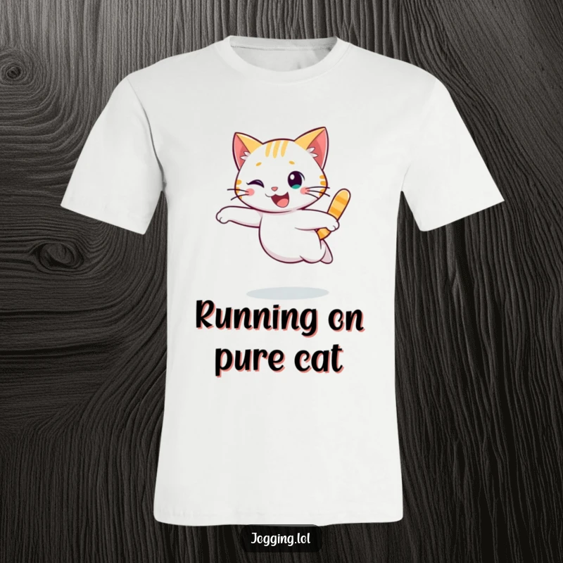 Funny cat t-shirt featuring a cheerful character in a graceful, flowing run, ideal for casual wear and showcasing feline charm.