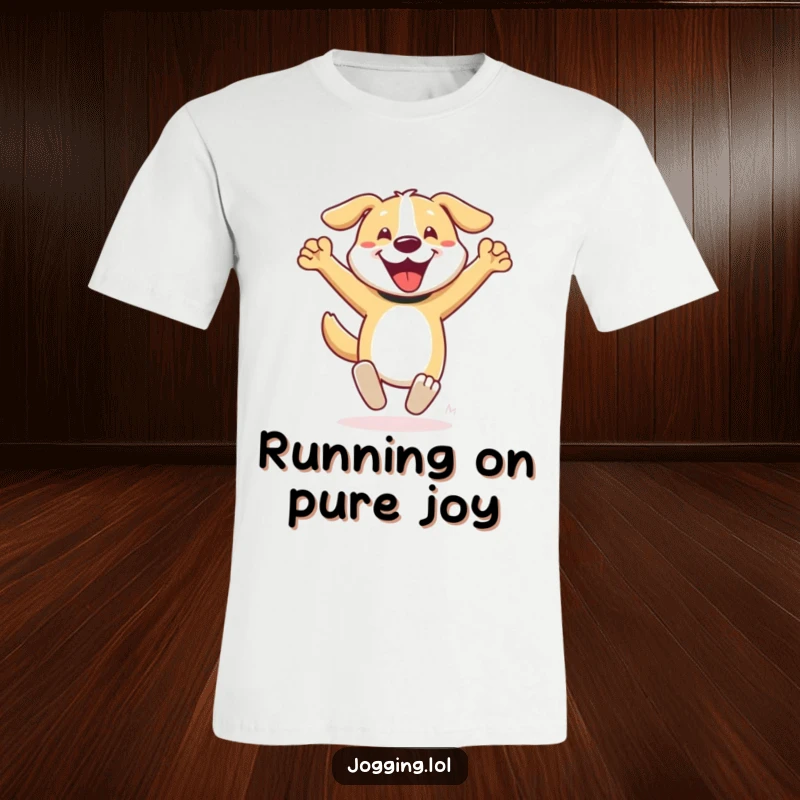 Funny dog t-shirt featuring a happy character sprinting with pumping arms, conveying pure energy and a love for running, a great gift idea.