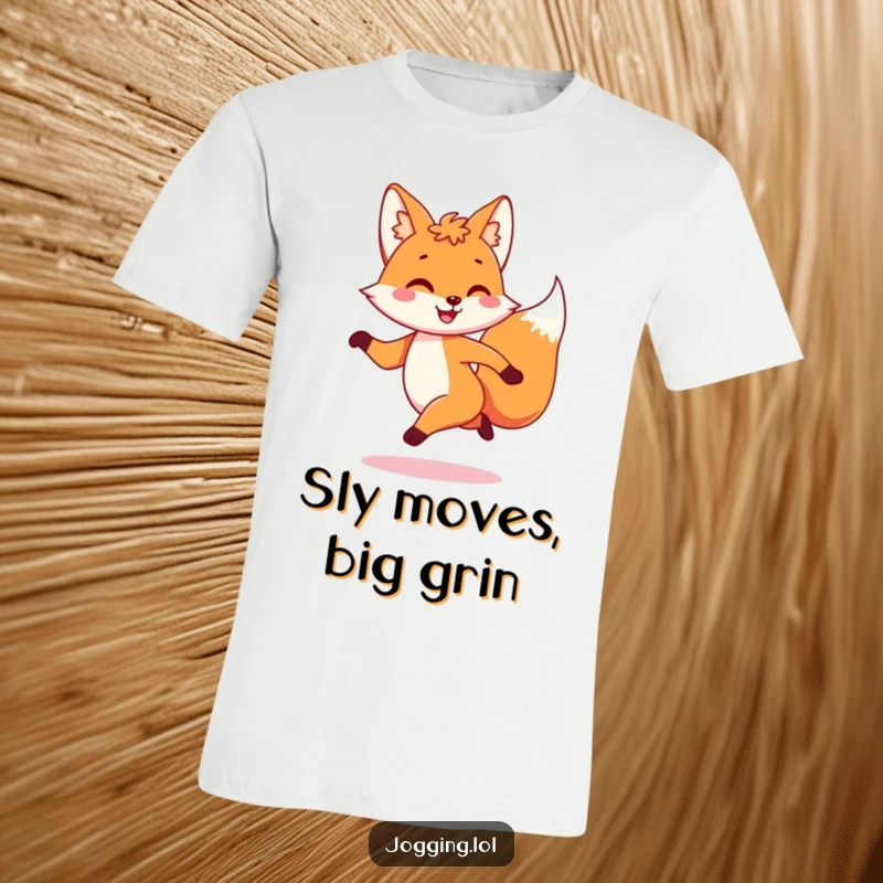 Funny t-shirt showing a playful fox character dashing with a happy, energetic bounce, celebrating zest for life.