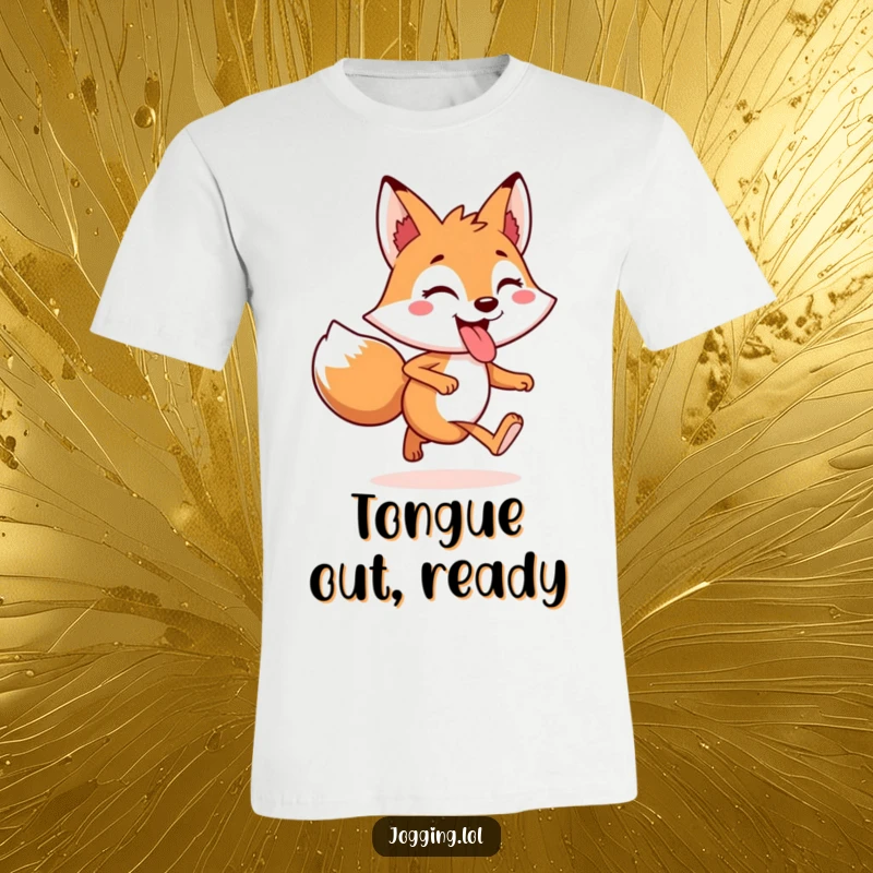 Funny T-Shirt depicting a cheerful fox character jogging with its tongue playfully sticking out, radiating a sense of glee.