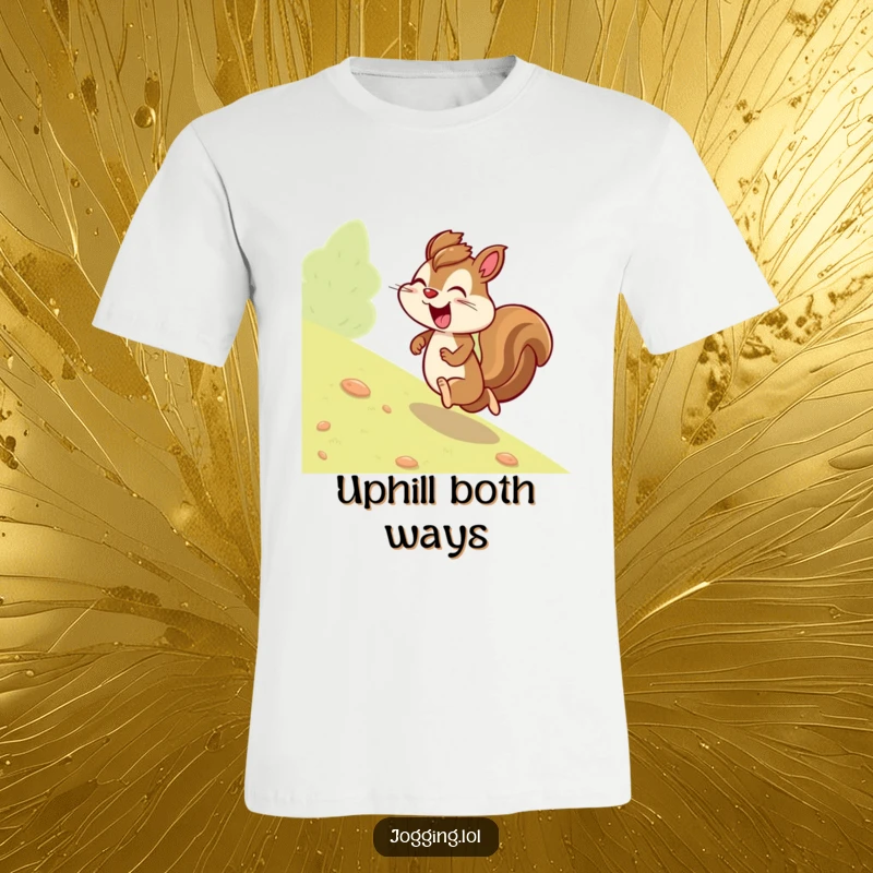 Funny squirrel t-shirt showcasing a giggling character jogging determinedly uphill, a humorous and motivational design for everyday wear.