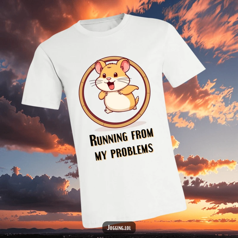 Funny t-shirt depicting a determined hamster character running vigorously on a wheel graphic, showcasing intense focus and power.