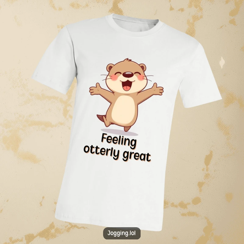 Funny otter t-shirt showing a cheerful character gleefully bounding with open arms, symbolizing unrestrained joy and playfulness, a fantastic funny gift.