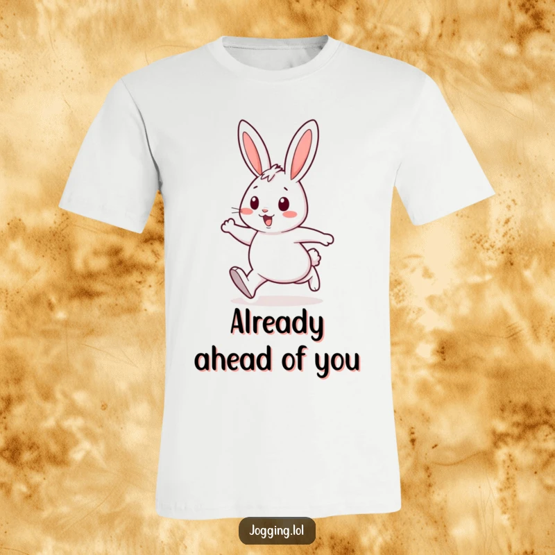 Funny t-shirt showcasing a cheerful rabbit character in mid-stride, embodying energetic and joyful movement, perfect for active individuals.