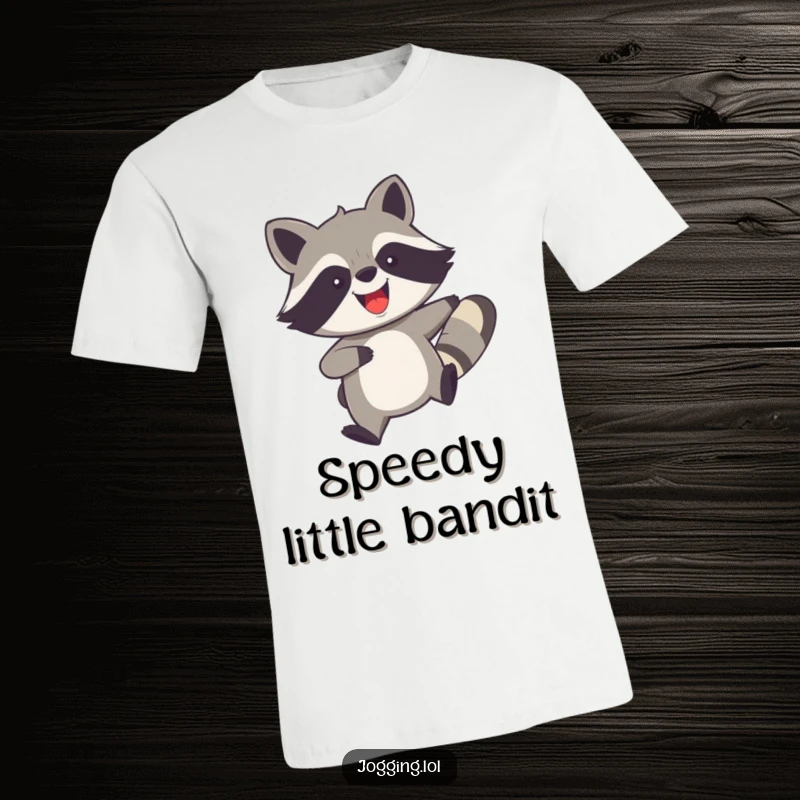 Funny t-shirt depicting a joyful raccoon with legs churning rapidly, celebrating speed, energy, and playful mischief.