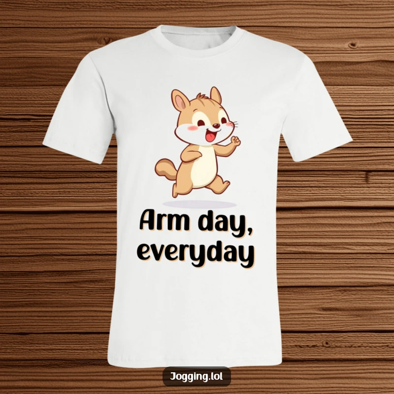 Funny t-shirt of a cheerful squirrel vigorously pumping its tiny arms while jogging, showcasing pure fitness joy.