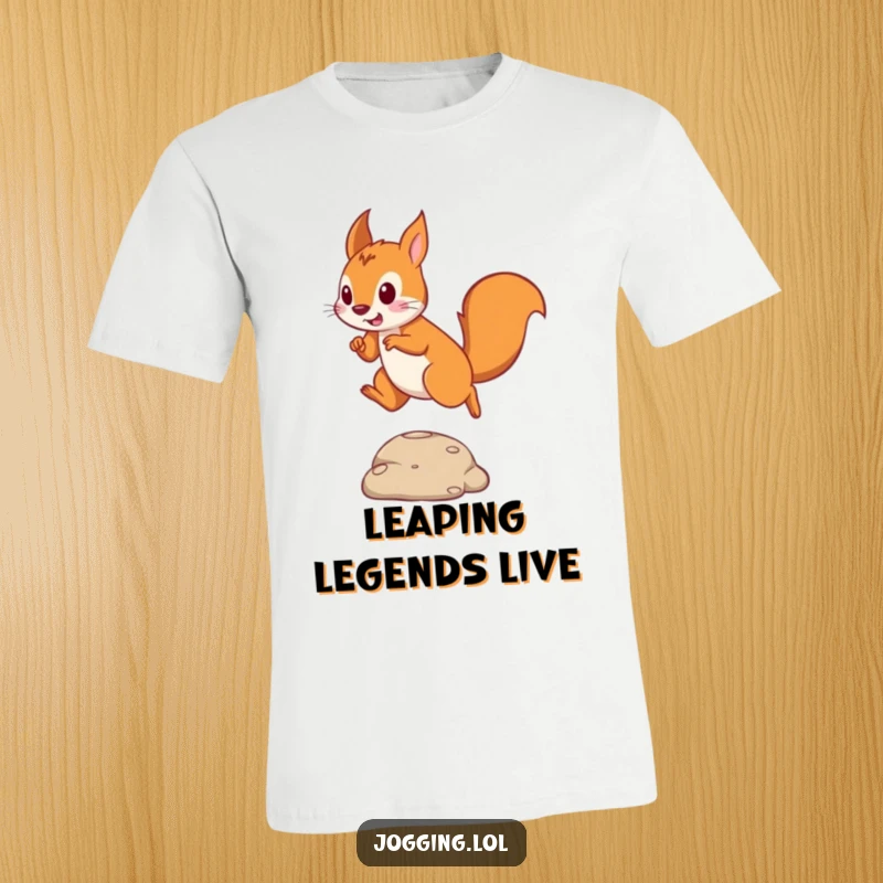 Funny t-shirt depicting a playful squirrel in mid-air, energetically leaping over an obstacle with determination.