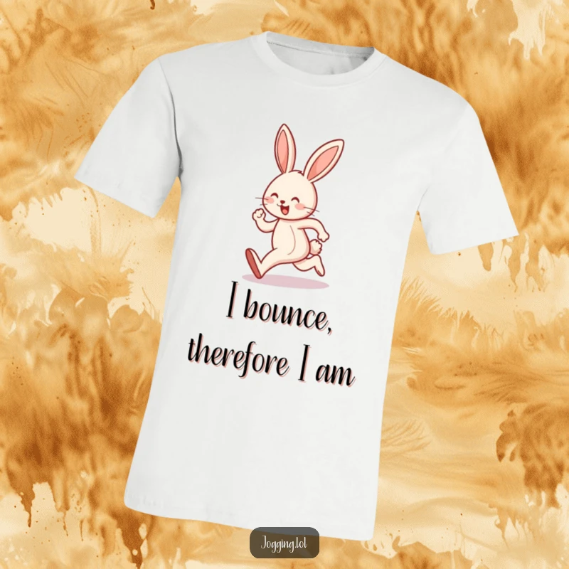Funny t-shirt showcasing a happy bunny character performing a joyful hop mid-jog, full of infectious energy.