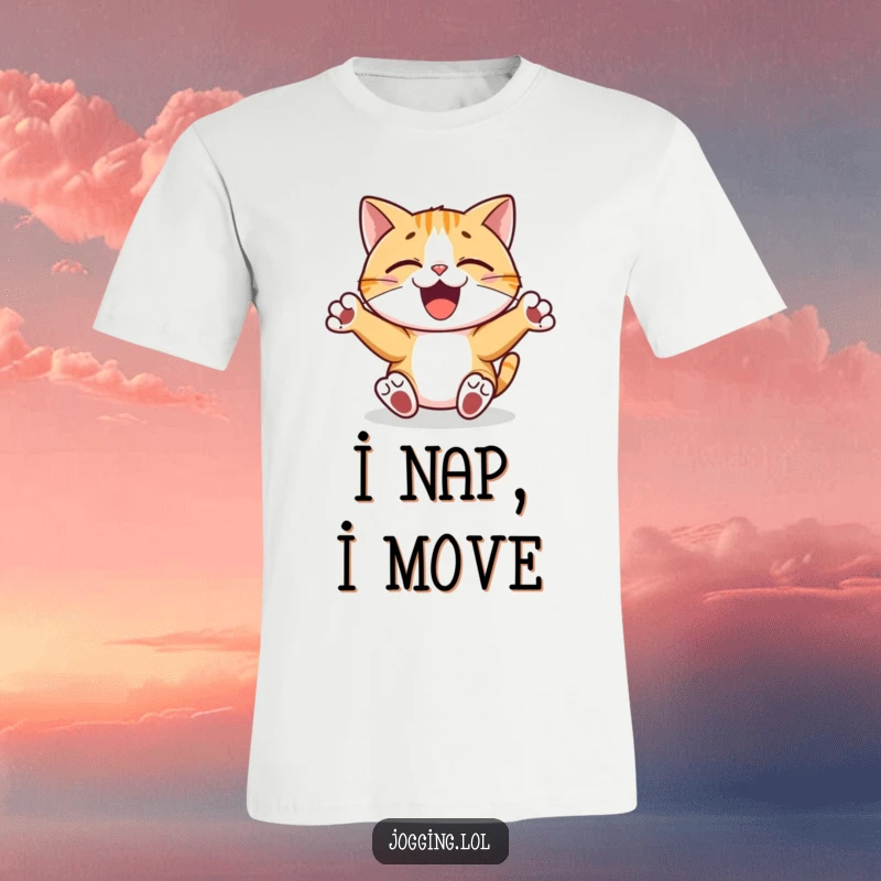Funny t-shirt showcasing a joyful cat character with paws pumping rhythmically, captured in a fun dance pose, radiating happiness.