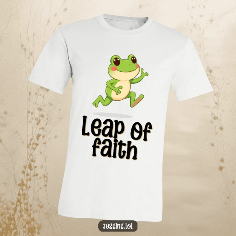 Funny t-shirt depicting a happy frog character energetically leaping forward with each jogging stride, radiating fun.