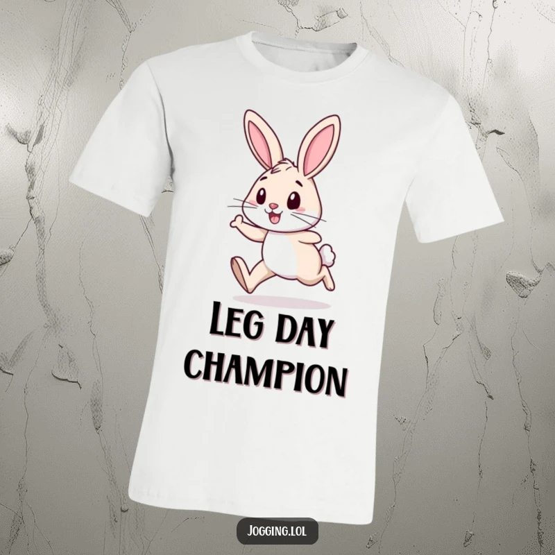 Funny t-shirt with a cheerful rabbit energetically jogging forward, legs pumping, radiating pure determination and joy.