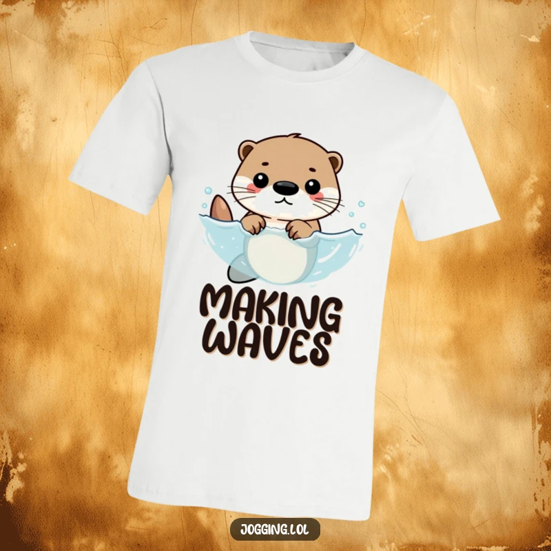 Funny t-shirt depicting a determined otter character swimming with energetic, rhythmic strokes, celebrating aquatic determination.