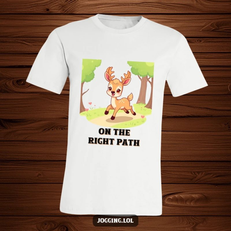 Funny deer t-shirt with a smiling character eagerly bounding along a path, a humorous and energetic design for everyday wear.