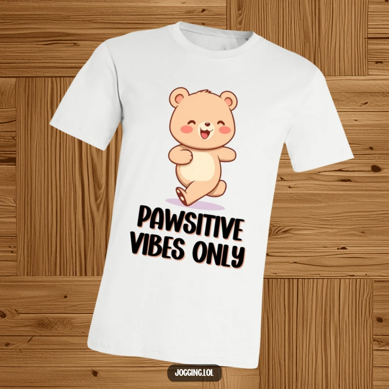 Funny t-shirt with a cheerful bear character jogging with small, bobbing steps, spreading joy and humor.