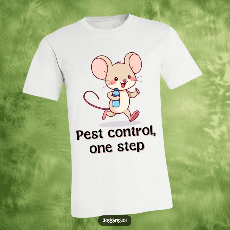 Funny t-shirt with a cheerful mouse character in mid-jog, holding a small water bottle, celebrating the joy of movement.
