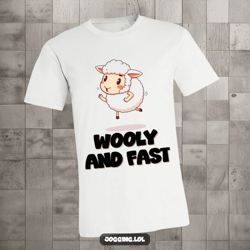 Funny sheep t-shirt depicting a fluffy sheep comically jogging with a happy expression. Humorous active wear.