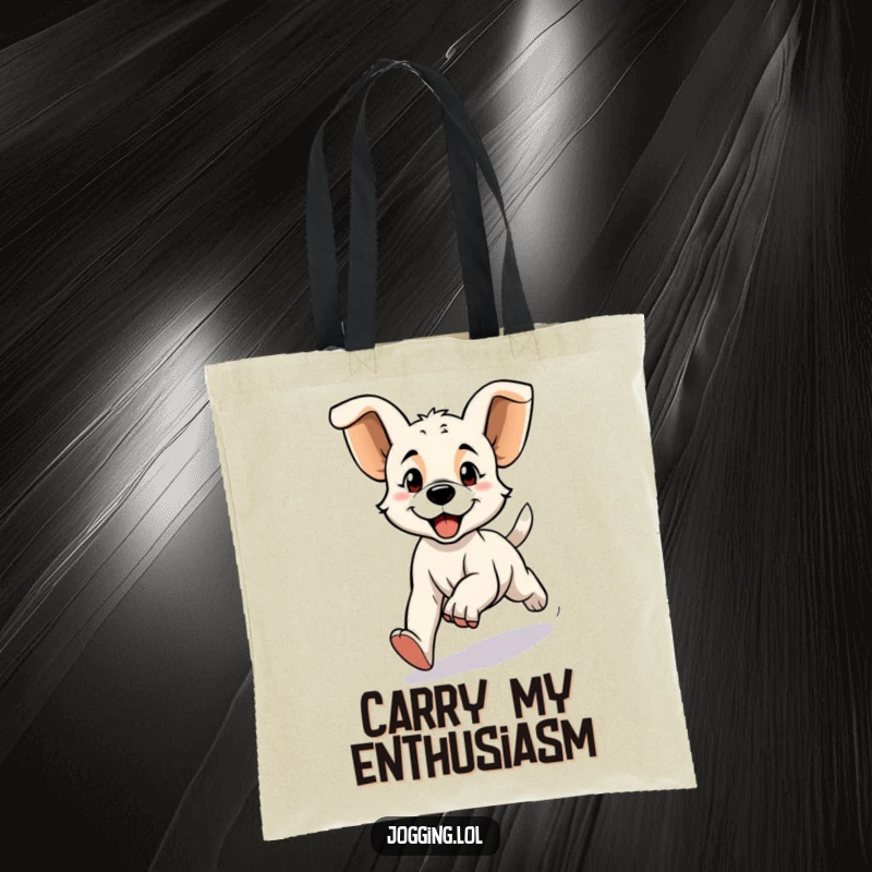 Funny tote bag with a determined puppy character jogging with big floppy ears, practical with humorous dog-lover charm.