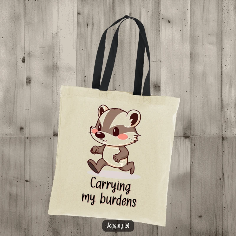 Funny tote bag with a determined badger, puffed cheeks, jogging uphill, ready for any task.
