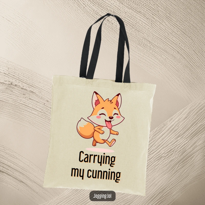 Funny Tote Bag showcasing a cheerful fox character jogging with its tongue playfully sticking out, full of playful energy.