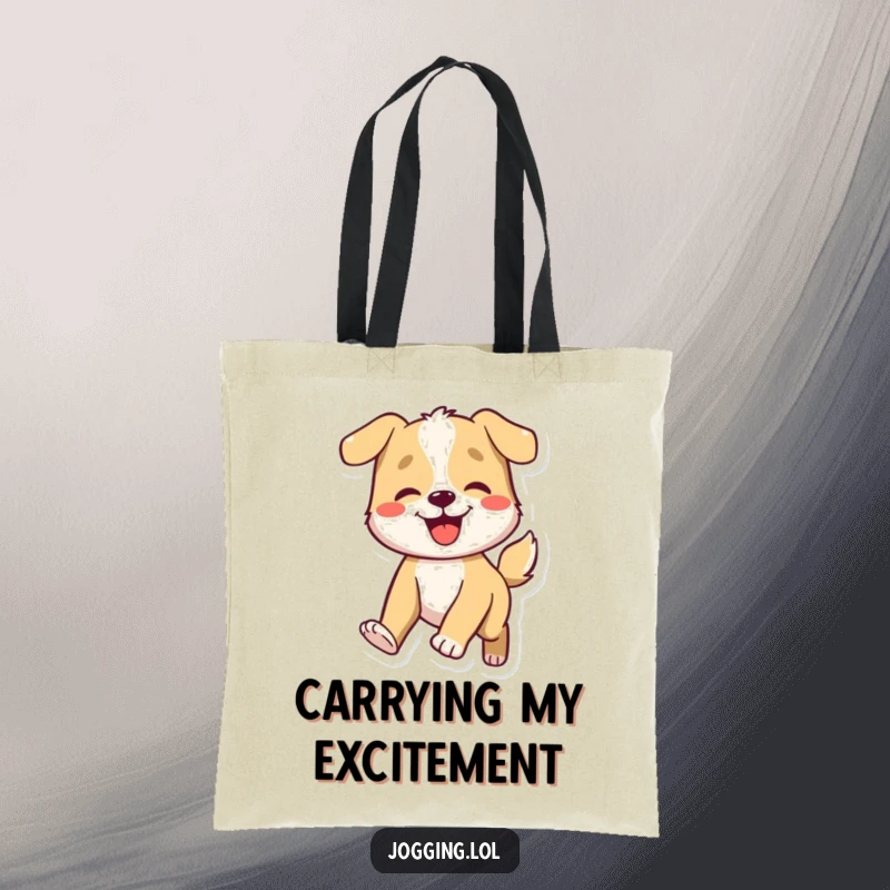 Funny dog tote bag with a smiling character energetically wagging its tail, great for shopping and carrying daily essentials.