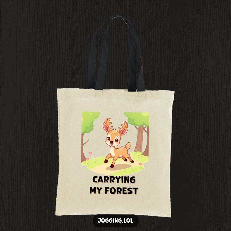 Funny deer tote bag showing a smiling character eagerly bounding along a path, a humorous and practical accessory for daily errands.