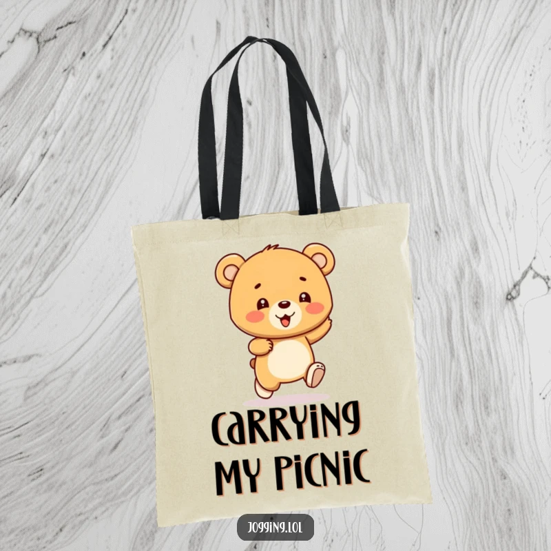 Funny bear cub tote bag depicting a gleeful character bouncing with each stride, perfect for carrying items with a smile, a humorous present.