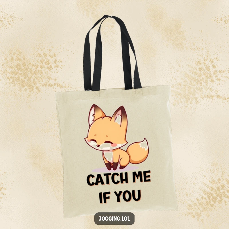 Funny fox tote bag showing a winking character playfully chasing its shadow, a humorous and practical accessory for daily use.
