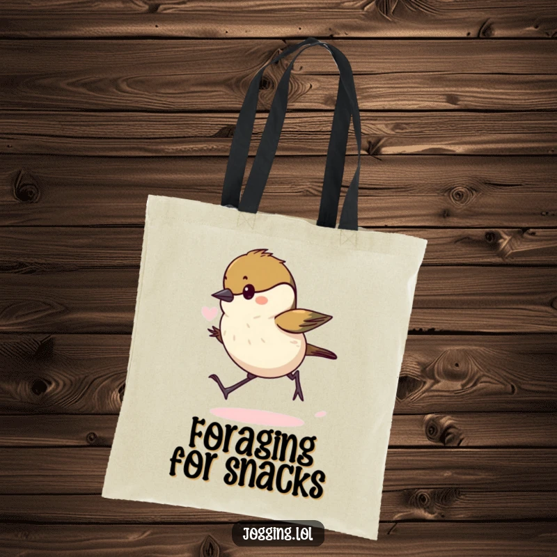Funny chickadee tote bag featuring a determined bird in mid-hop, lungs puffed, perfect for carrying groceries with humorous effort.