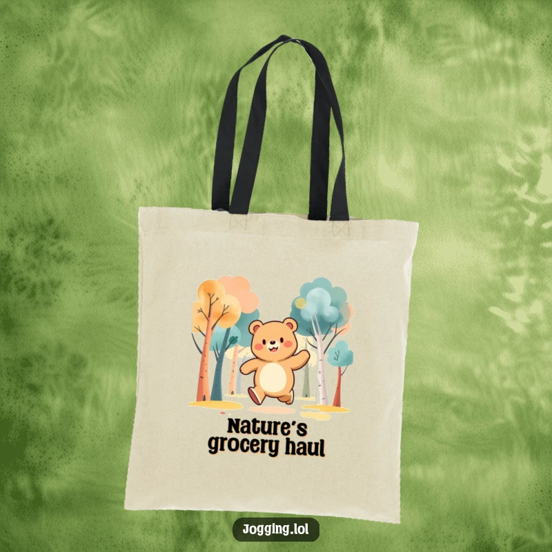 Funny tote bag with a jubilant bear character jogging through abstract trees, ideal for carrying groceries or adventure supplies.