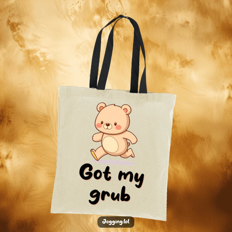 Funny tote bag illustrating a diligent bear running with a steady, happy gait, ideal for carrying essentials with a humorous and motivational vibe.